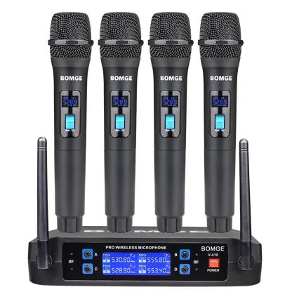 BOMGE 4 channel wireless microphone System Cordless Mic Set With Four Handheld Mics Fixed Frequency, Long Range 200ft