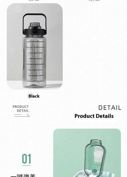 2L Water Bottle Portable Straw Plastic Water Cup for Outdoor Sports Fitness Adult High Value Big Fat Cup with Time Marker