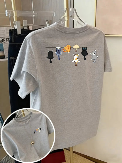 Cartoons Cats Prints T-Shirts Summer Womens Cotton T Shirts Basic O-Neck Oversized Short Sleeve Tops Casual Street Woman Clothes
