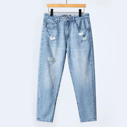 Summer Thin Ripped Jeans Mens Straight Breathable Washed Denim Trousers Casual Streetwear Harlen Ankle Length Pants Light Blue
