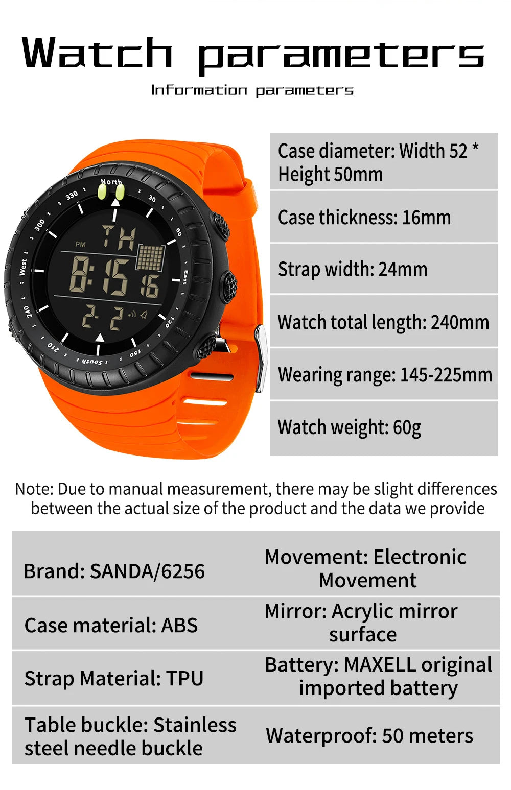 SANDA New 6256 Men's Electronic Watch Large Dial Outdoor Waterproof Sports Watch Night Light Alarm Clock Multi functional Watch