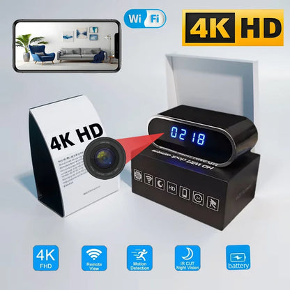 Improved 4KHD mini WiFi clock camera, supporting remote viewing, motion detection, infrared night vision, and home mini camera