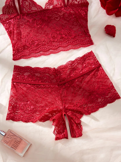 Women Black Open-Back Lace Two-Piece Panties Underwear Sleep Set