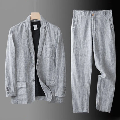 High Quality Men Blazer Jacket and Pants Man Linen Blazer  2 Piece Suit Spring Summer Thin Style Fashion Casual Set Long Sleeve