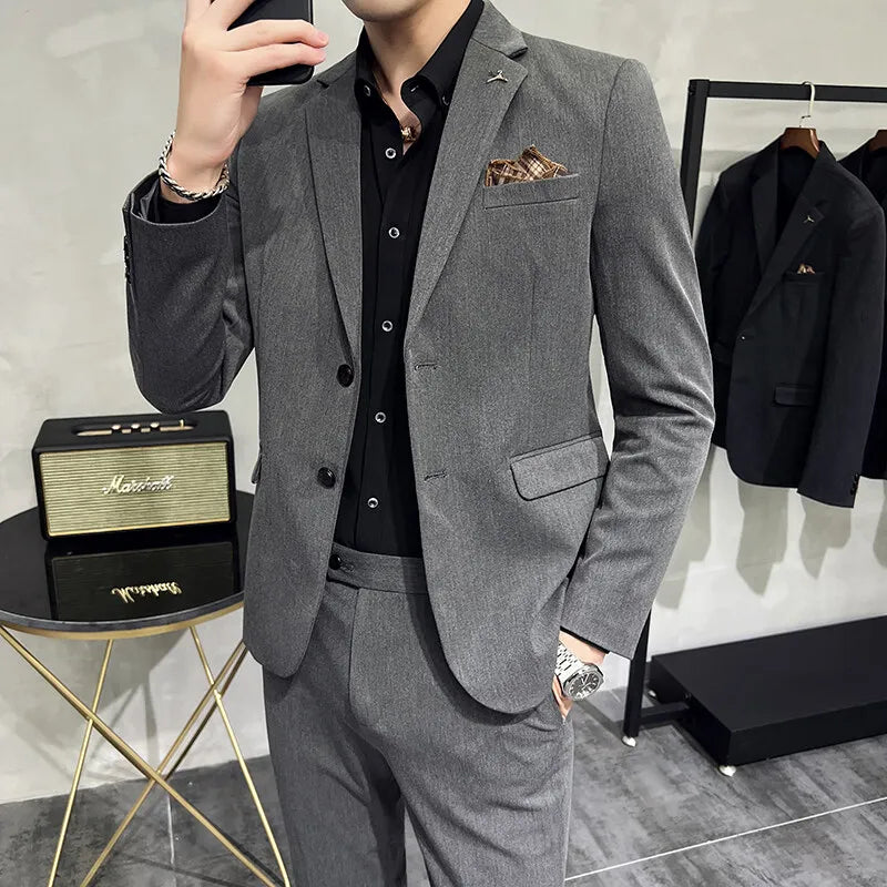 High quality Korean slim fit (suit + trousers) Fashion business handsome casual solid color wedding suit two-piece set