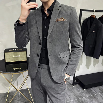 High quality Korean slim fit (suit + trousers) Fashion business handsome casual solid color wedding suit two-piece set