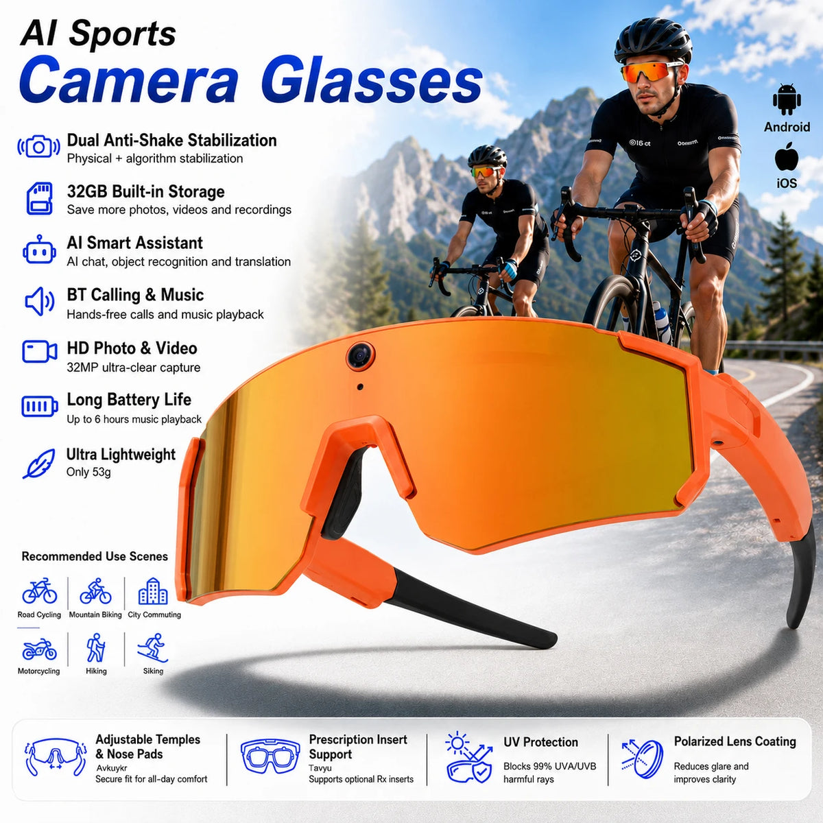 Smart POV Camera Glasses 8MP HD 4K60FPS POV Video Anti-Shake Open-Ear Audio Voice Assistant Running Cycling Sunglasses Men Women