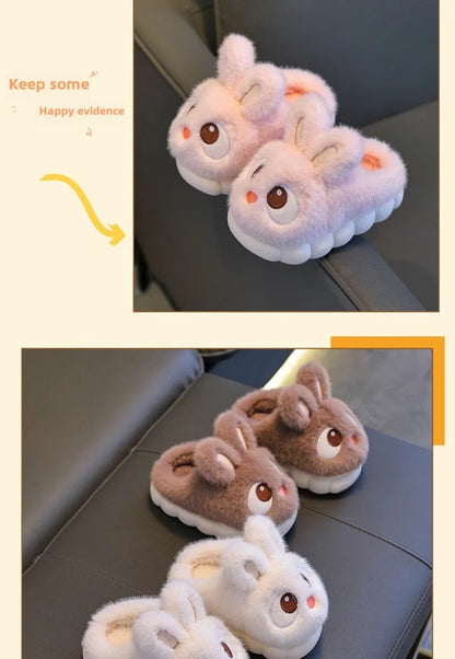 New Winter Cute Big eyed Rabbit Children's Waterproof Warm Non-slip Fluffy Slippers For Girls Boys Kids Indoor Home Cotton Shoes