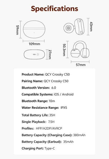 QCY Crossky C50 Open Ear Wireless Earbuds Bluetooth 6.0 Comfort Clip On Sports Earphone 4 Mic AI Clear Call Bass Boost Headphone