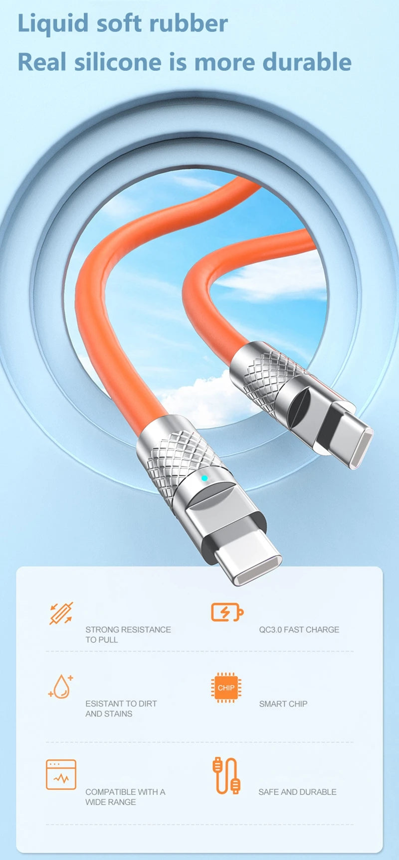 120w 6a Super Fast Charge PD Type C Liquid Silicone Cable Quick Charge 1M 2M Usb Cable Usb C to C Charger Cable