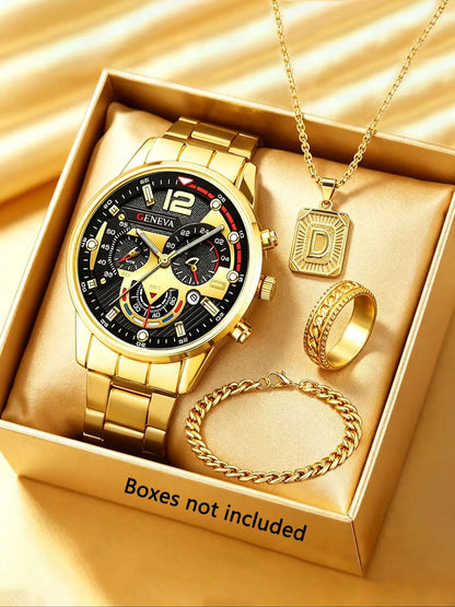 Men's Casual Fashion Quartz Watch Set with Ring Necklace Bracelet Combo Suitable for Daily Wear Perfect Father's Day Gift