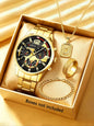 Men's Casual Fashion Quartz Watch Set with Ring Necklace Bracelet Combo Suitable for Daily Wear Perfect Father's Day Gift