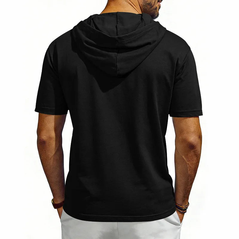 Summer Men's Short Sleeve Hooded T-Shirt Henry Neckline Drawstring Design Casual Loose Breathable Sporty Vest