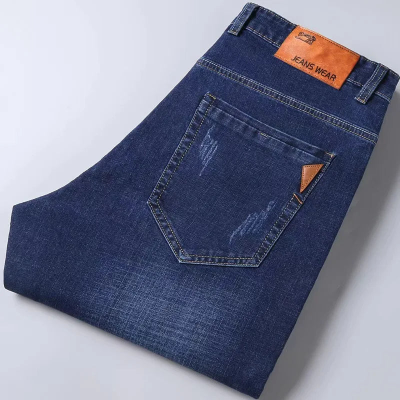 2024 Summer Thin Men's Elastic Cotton Jeans Fashion Gray Comfortable Business Straight Casual Pants High Quality Brand Trousers