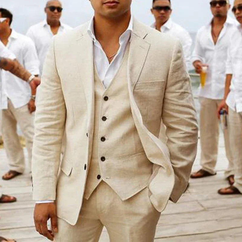 Man Suits with Notched Lapel Custom Casual Man Fashion Costume 3 piece Beige Linen Wedding Tuxedo for Groomsmen Summer