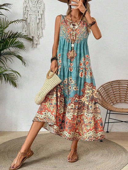 Holidaya Ladies Summer Floral Print Round Neck Sleeveless Dress For Casual Or Vacation Maxi Vacation Beach Outfits Women
