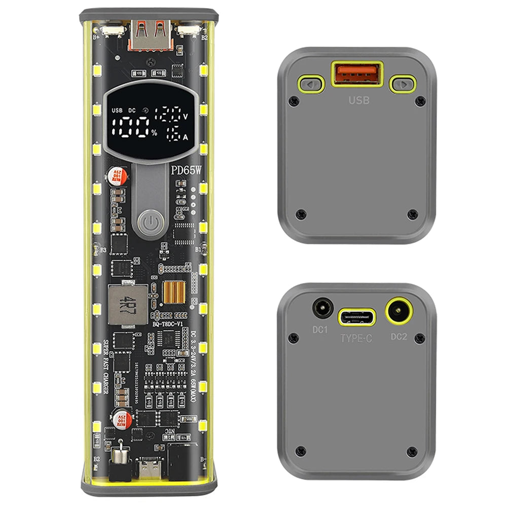 65W PD Fast Charge 8-Cell Solderless 18650 Power Bank Case 3.3-24V Adjustable DC DIY Battery Box LED Display Outdoor Light