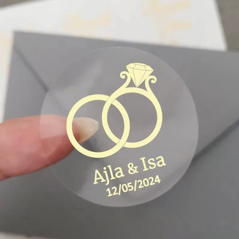 50pcs Custom Transparent Wedding Stickers, Square Transparent Stickers, Personalized Wedding Stickers with Gold Foil Labels