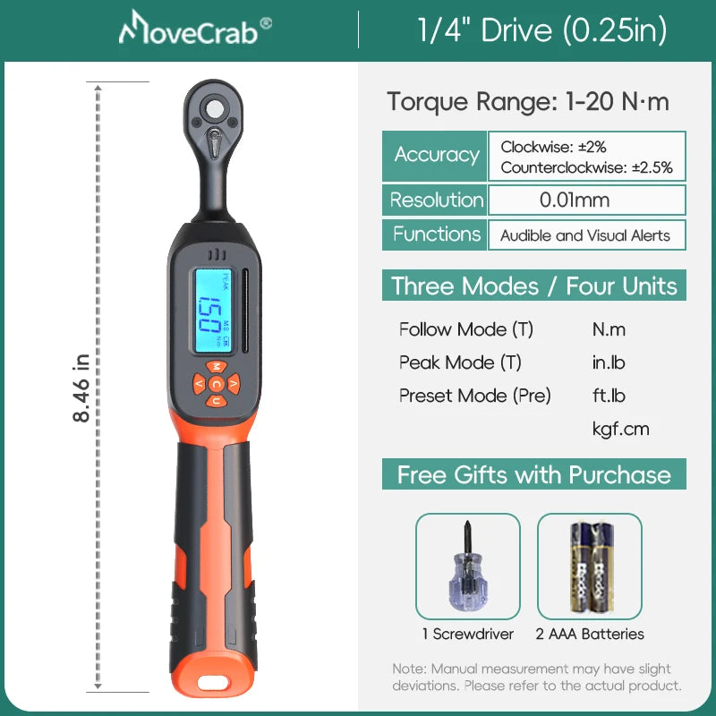 MOVECRAB Series Digital Torque Wrench 1.5-340N.m 2% Accuracy Preset Values with Buzzer, LED Flash & HandleVibration Notification