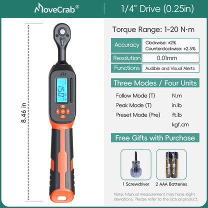 MOVECRAB Series Digital Torque Wrench 1.5-340N.m 2% Accuracy Preset Values with Buzzer, LED Flash & HandleVibration Notification