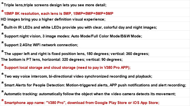 15MP IP Wifi Camera Solar Camera Outdoor 3 Lens 3 Screen 10X Zoom PIR Human Detect Cameras Night Vision CCTV Security Protection