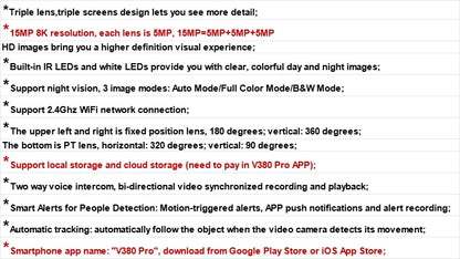 15MP IP Wifi Camera Solar Camera Outdoor 3 Lens 3 Screen 10X Zoom PIR Human Detect Cameras Night Vision CCTV Security Protection