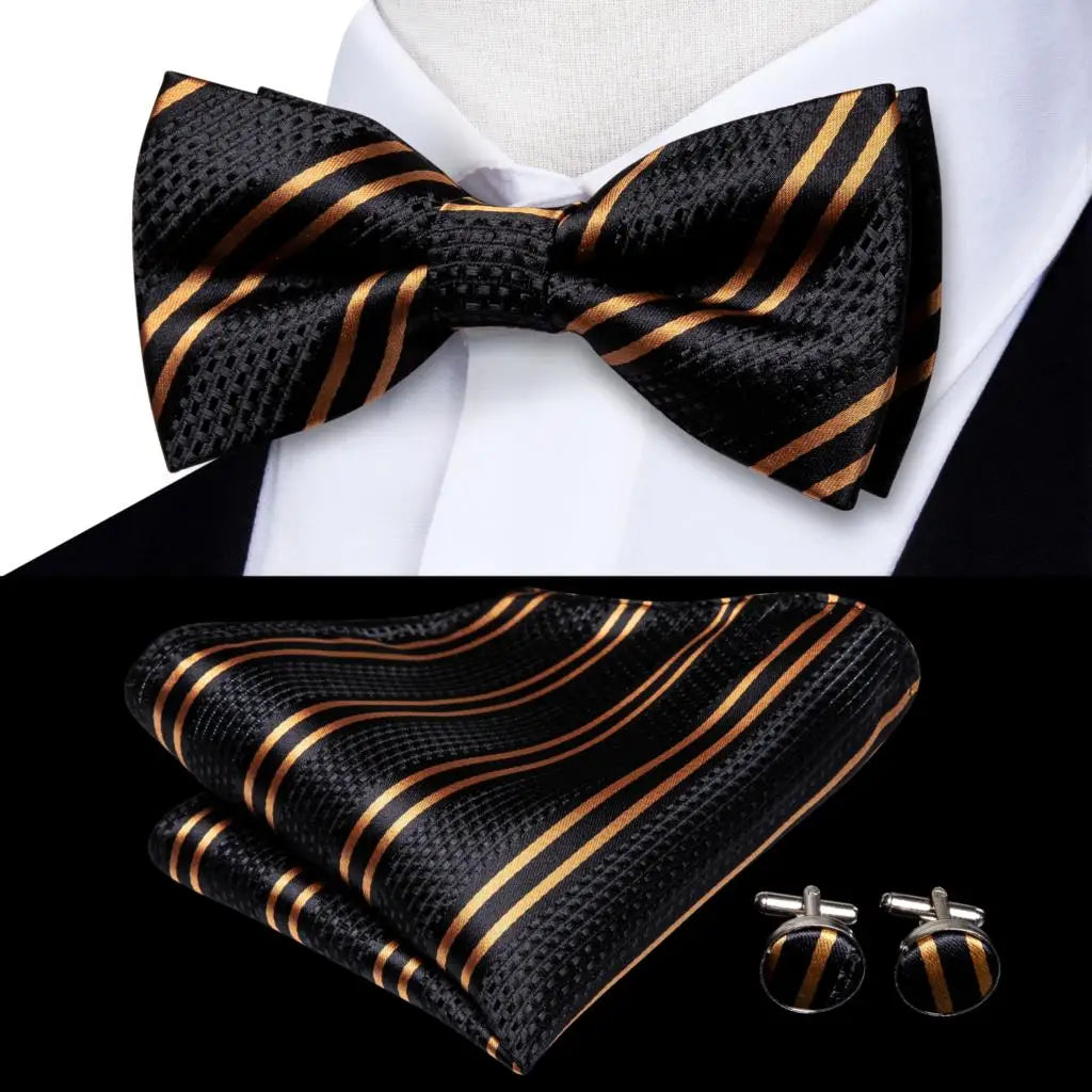 Hi-Tie Mens Bow Tie Hanky Cufflinks Set White Black Gray Silver Pre-tied Butterfly Knot Bowtie for Male Wedding silk Business