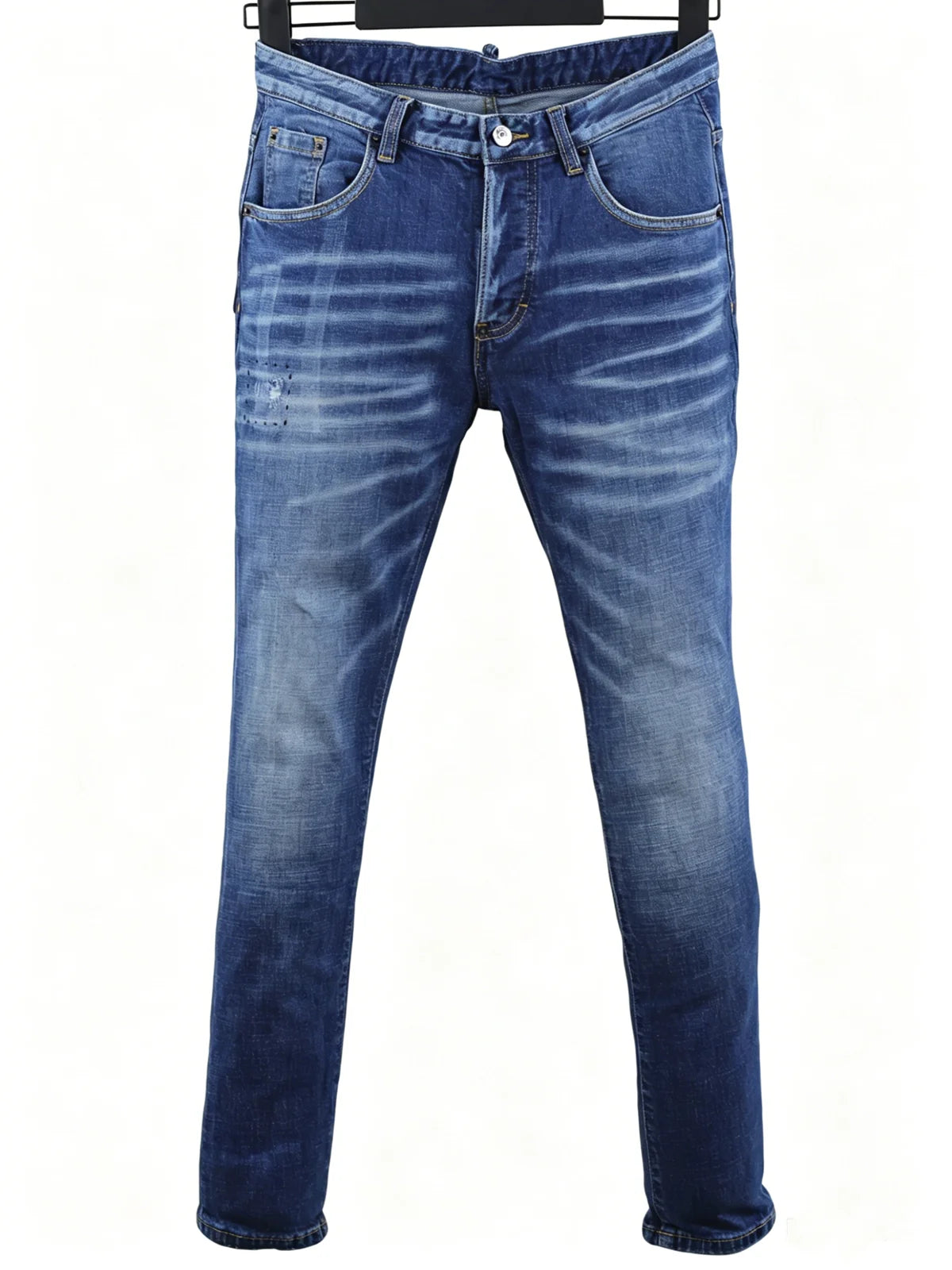 6057 Four Seasons New Men's Wear Washed Ripped Patch Paint Slim-fit Feet Blue Jeans for Men