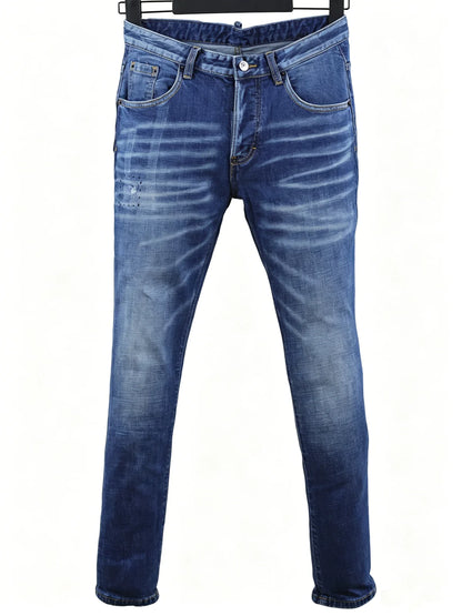 6057 Four Seasons New Men's Wear Washed Ripped Patch Paint Slim-fit Feet Blue Jeans for Men