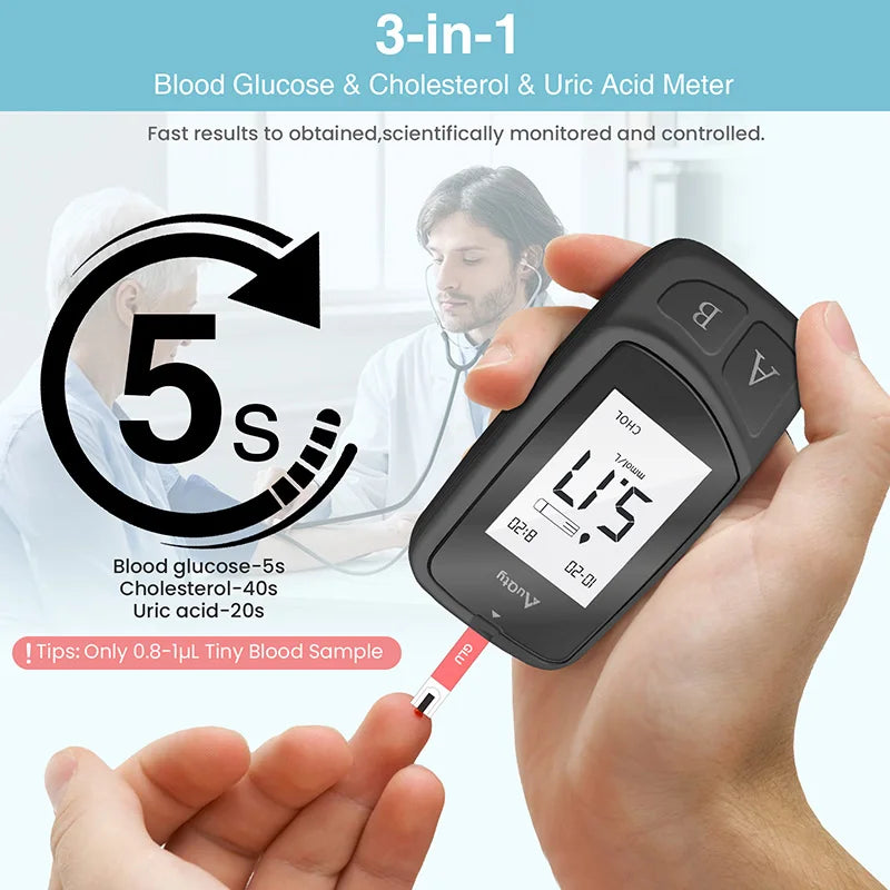 GUC 3in1 Multifunction Cholesterol Uric Acid Blood Glucose Meter Blood Sugar Test Strip Diabetes Glucometer Kit Gout Monitor