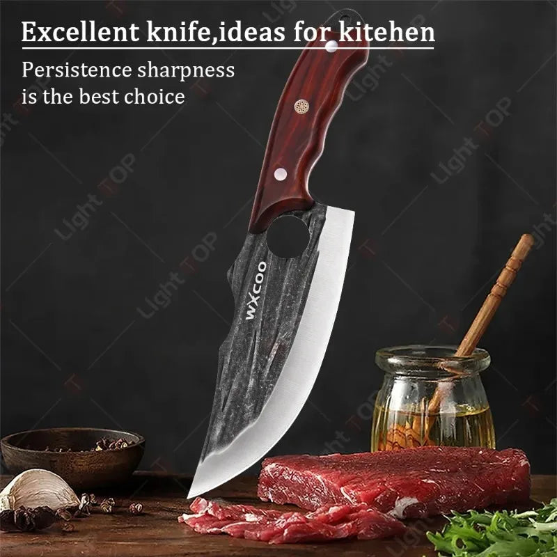 WXCOO Forged Butcher Knife Fish Boning Knife DIY Kitchen Stainless Steel Fruit Slicing Vegetable Chef Wooden Handle BBQ Cooking