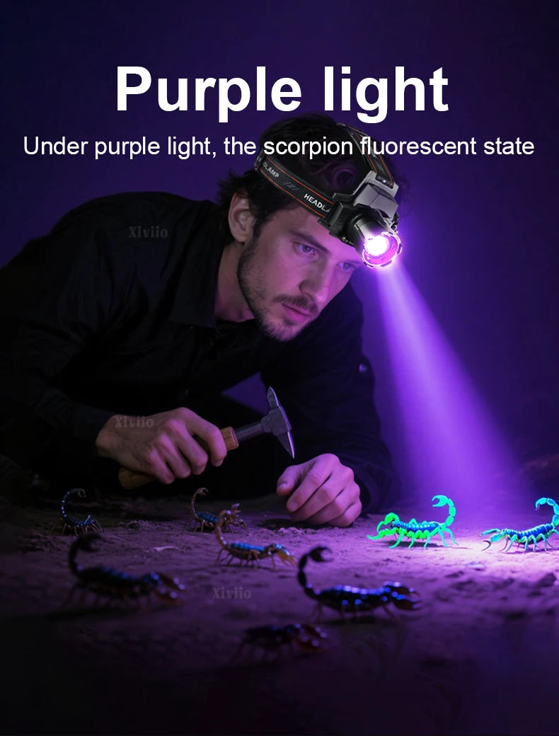 Most Powerful Led Headlamp 18650 Rechargeable Headlight Strong Light Head Torch UV Headlight Camping Hunting Headlamp