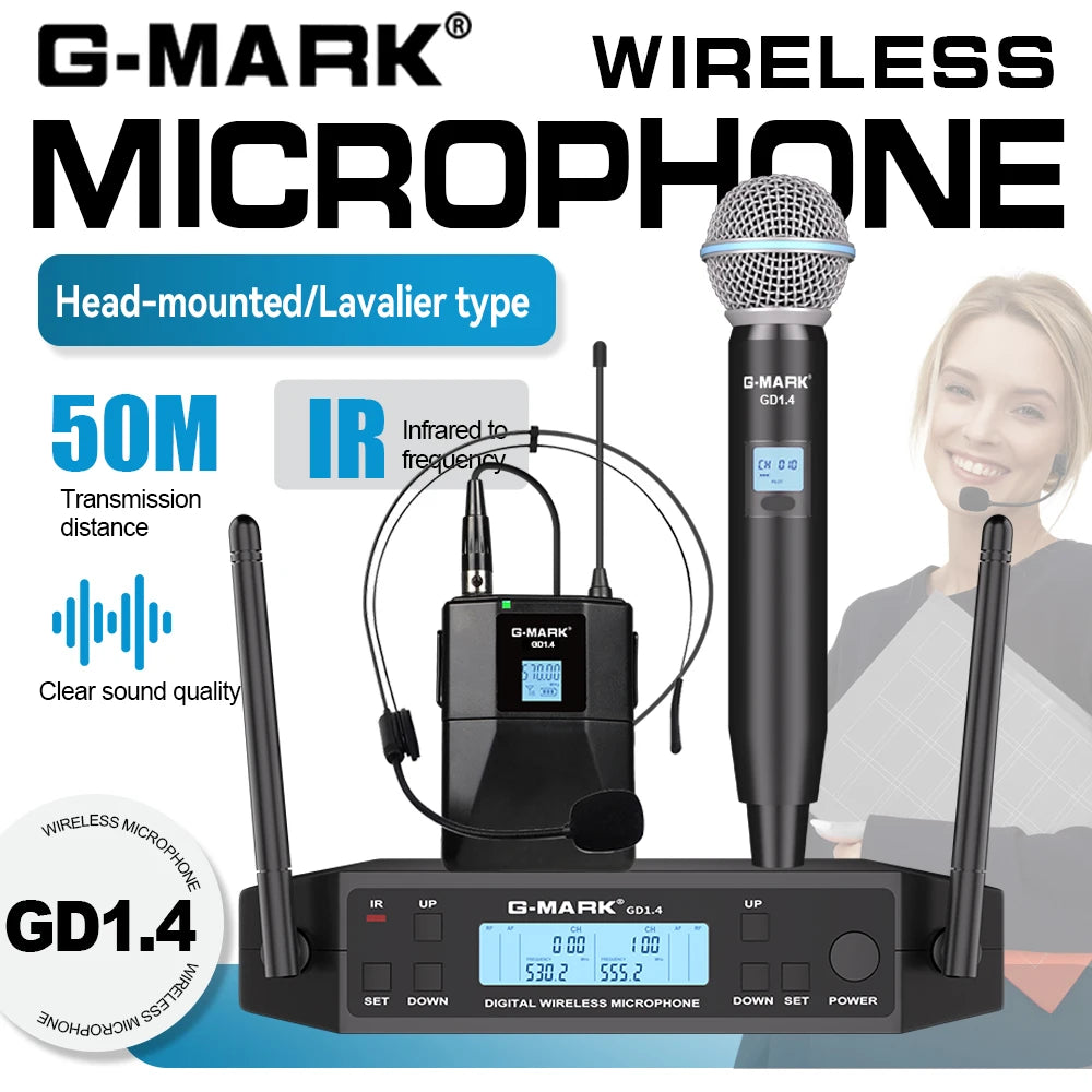 Wireless Lavalier Microphone G-MARK GD1.4 UHF Professional Headset Clip Mic Bodypack Frequency Adjustable 50M For Party Show