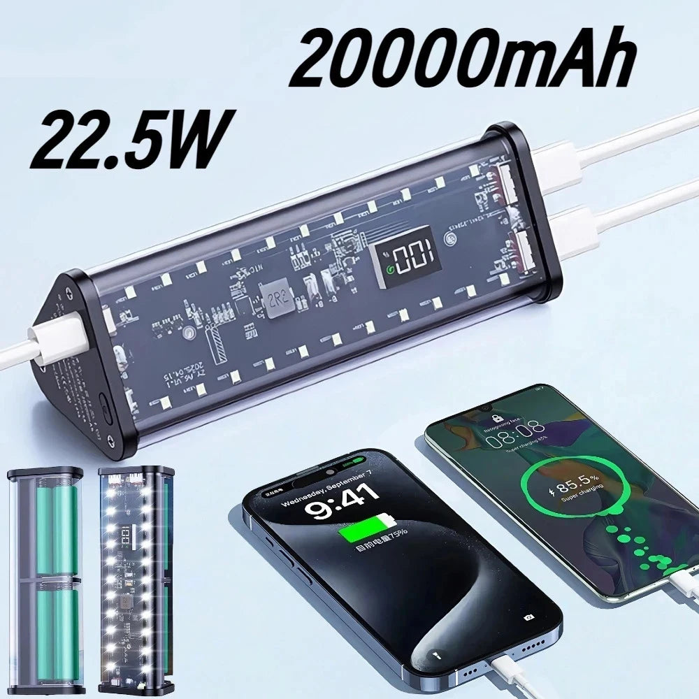 6*18650 Transparent Shell Power Bank Case 22.5W Fast Charging Detachable Powerbank Case LED USB Type C Port Battery Storage Box