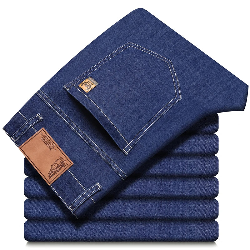 2026 New Spring Summer Ice Silk Thin Men's Light Blue Straight Slim Jeans Stylish Casual Stretch Denim Pants Classic Trousers 40