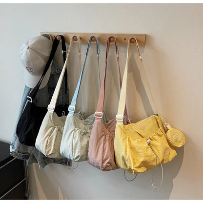Chic Nylon Crossbody Bag Casual Drawstring Messenger Bag with Detachable Pouch, Adjustable Strap Shoulder Purse for Daily Travel