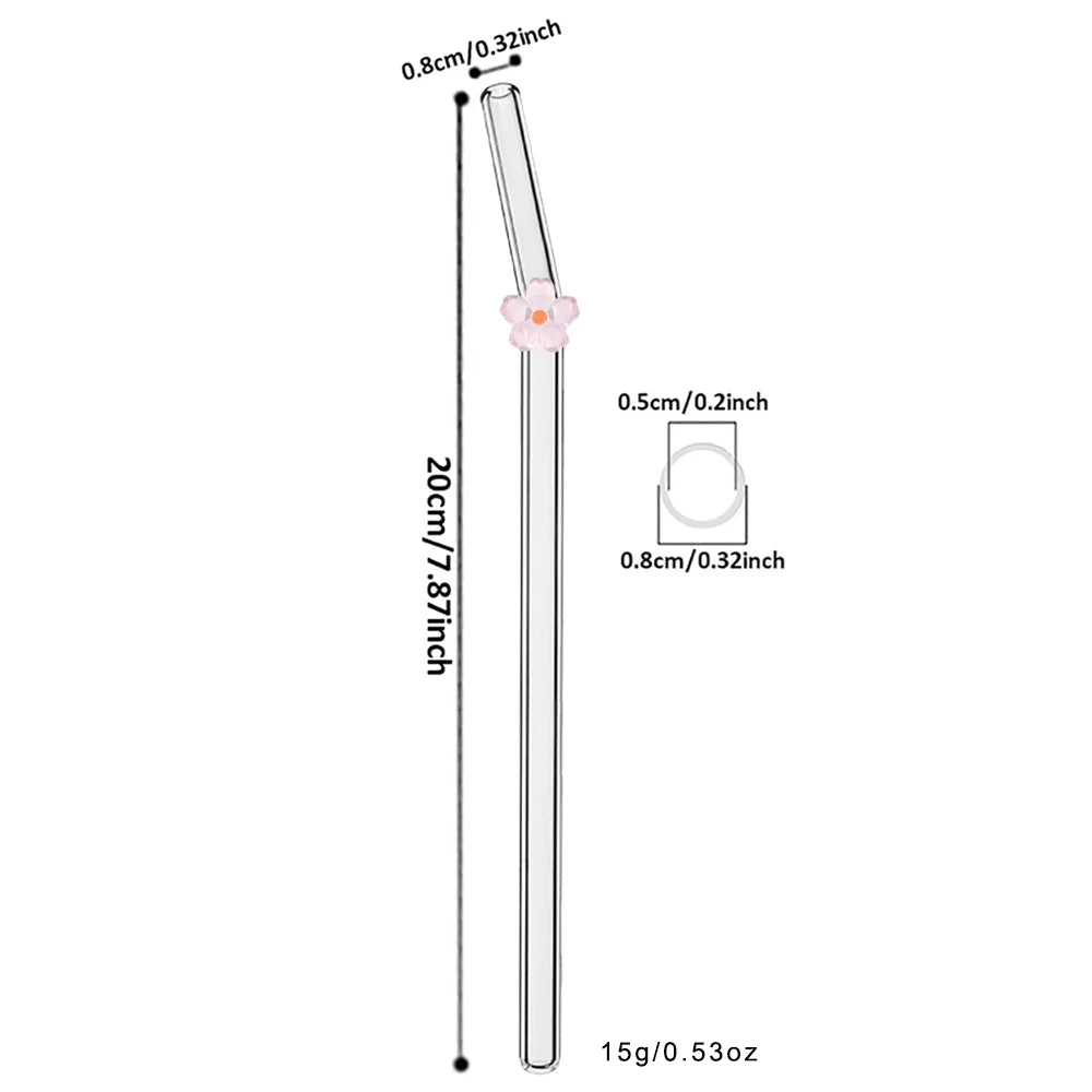 6PCS Reusable Drinking Straws Cute Flower Glass Straws with Cleaning Brush for Coffee Lover Smoothies Frozen Drinks Tea Juice