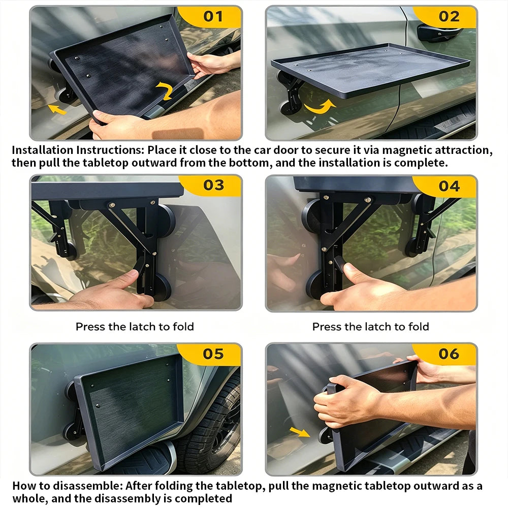 Magnetic Foldable Car Side Table Portable Suv Truck Door Mount Camping Tray Outdoor Picnic Folding Car Desk