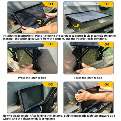 Magnetic Foldable Car Side Table Portable Suv Truck Door Mount Camping Tray Outdoor Picnic Folding Car Desk