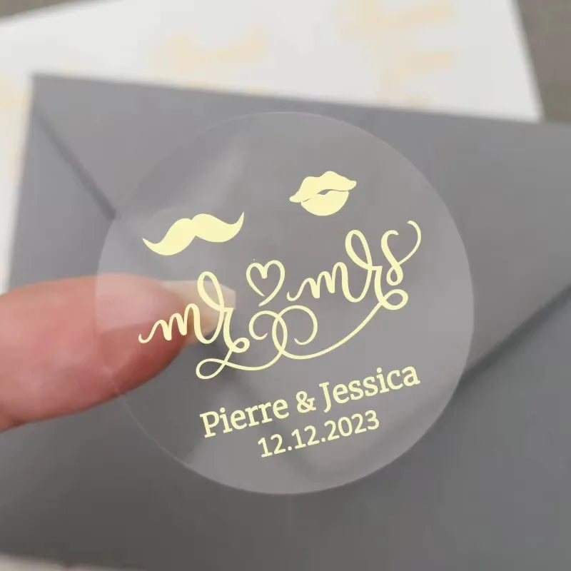 50pcs Custom Transparent Wedding Stickers, Square Transparent Stickers, Personalized Wedding Stickers with Gold Foil Labels
