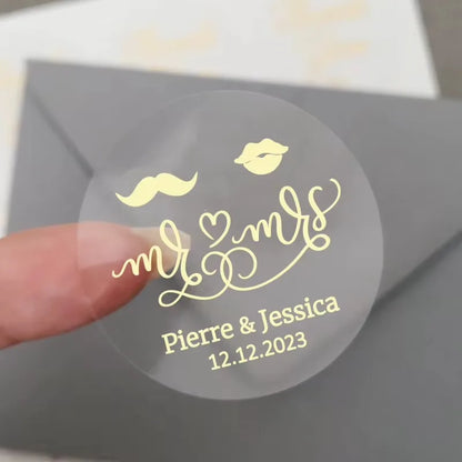 50pcs Custom Transparent Wedding Stickers, Square Transparent Stickers, Personalized Wedding Stickers with Gold Foil Labels