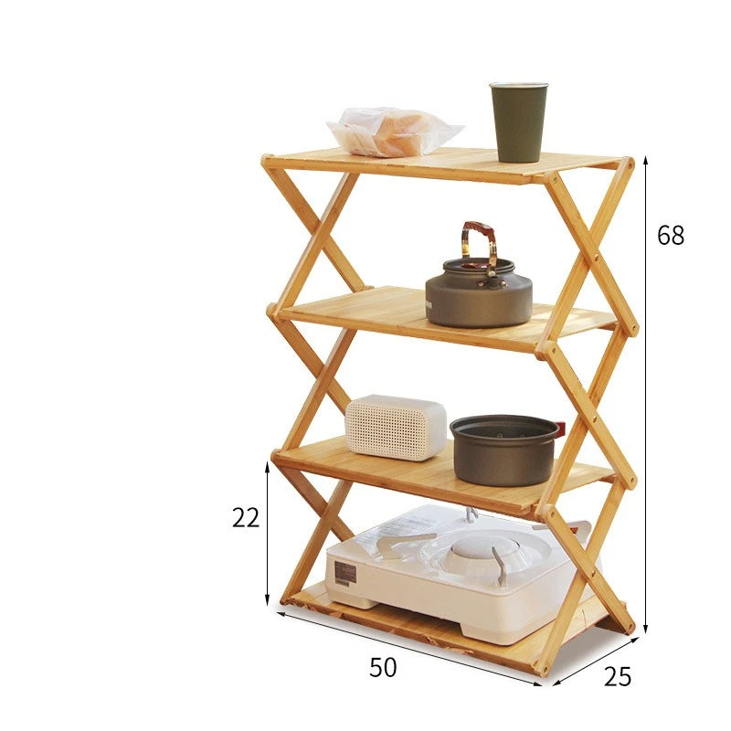 Wood Bamboo Outdoor Multifunctional Shelf Camping Foldable Portable Table Picnic Home Multi-scene Use 3-4 Layer Storage Rack