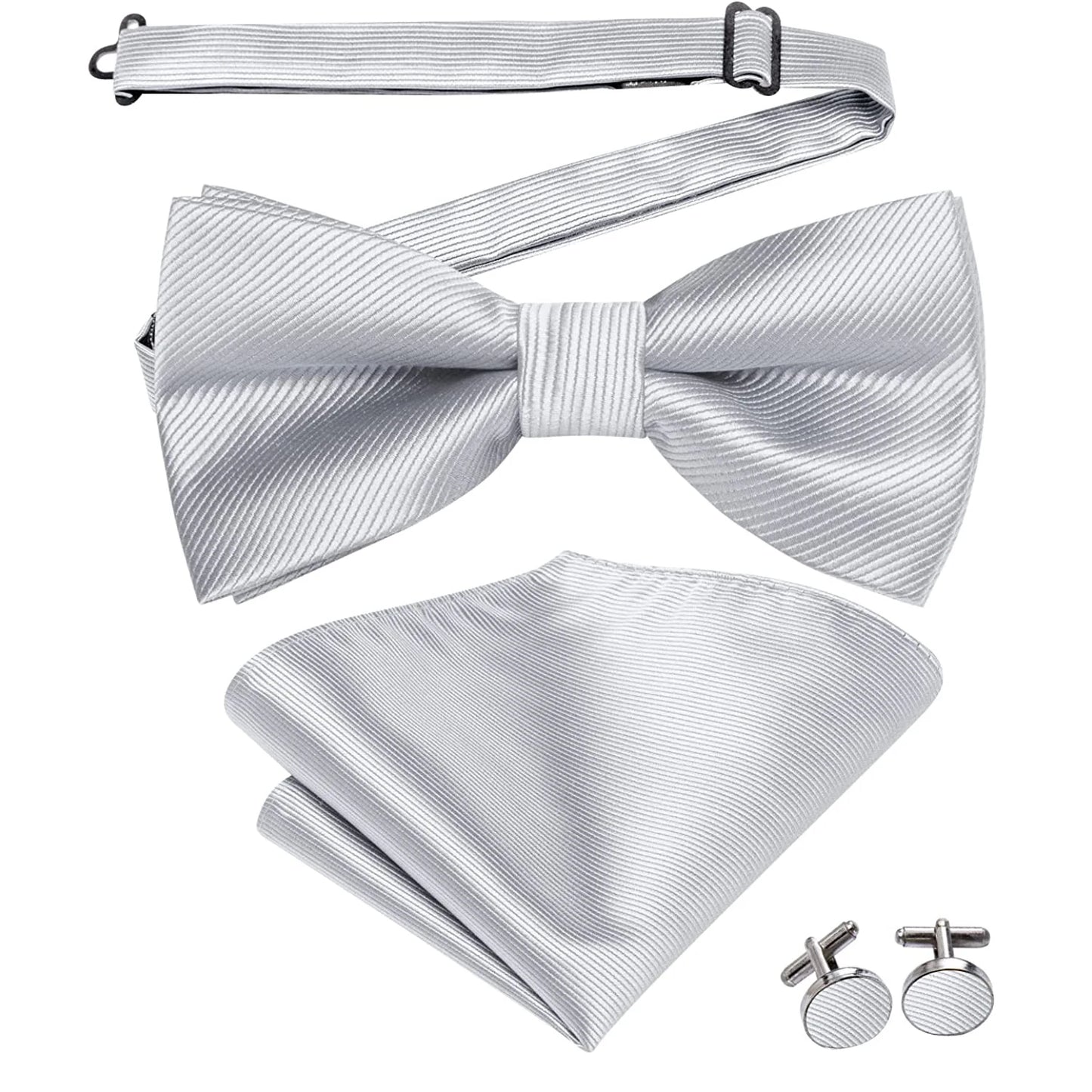 Hi-Tie Mens Bow Tie Hanky Cufflinks Set White Black Gray Silver Pre-tied Butterfly Knot Bowtie for Male Wedding silk Business