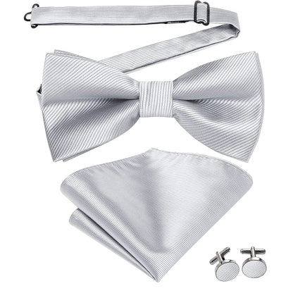 Hi-Tie Mens Bow Tie Hanky Cufflinks Set White Black Gray Silver Pre-tied Butterfly Knot Bowtie for Male Wedding silk Business