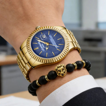 Luxury men's steel band watch calendar embossed atmosphere trend gold business quartz watch 2-piece set lion bracelet watch