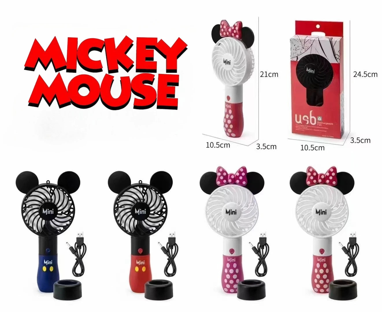 Handheld USB Charging Fan Cartoon Anime Character Mickey Mouse Shaped Desktop Electric Fan Kawaii Night Light Fan Toys Gif