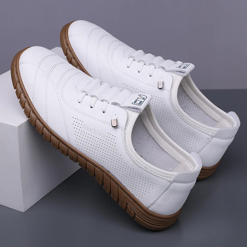 Men's Breathable Hollow Loafers Slip-On Leather Shoes Comfortable Casual Anti-Slip Deodorant Soft Bottom Sandals-HT193