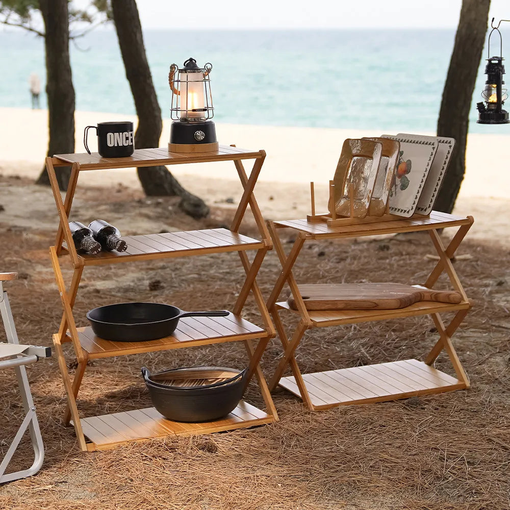 Wood Bamboo Outdoor Multifunctional Shelf Camping Foldable Portable Table Picnic Home Multi-scene Use 3-4 Layer Storage Rack