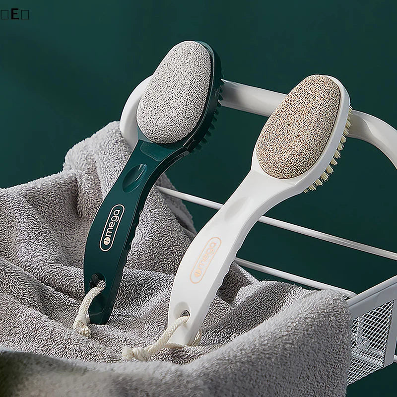 〔E〕2 In 1 Pumice Stone Foot Brush Scrubber With Handle Feet Exfoliating Dead Skin Remover Massage Brush Pedicure Tool Unisex
