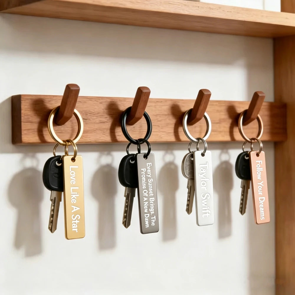 New Style Stainless Steel Custom Logo Name Keychain Rectangular Hang Tag Metal Key Ring Advertising Holiday Engraved Laser Gift